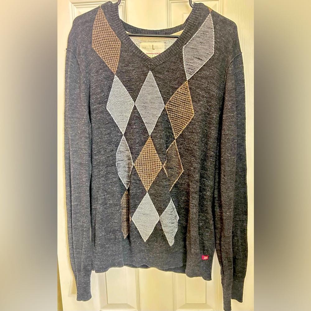 Banana Republic Sweater Mens Large Gray Diamond Cotton Cashmere V Neck Retro Y2K